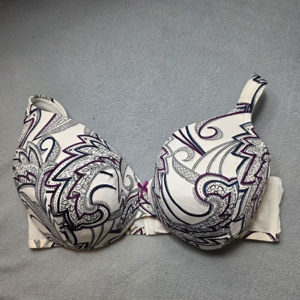 Cacique Bra 42DD White‎ Paisley T-Shirt Full Coverage Padded Underwire